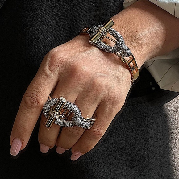 Gold Zircon Bangle Bracelet Two Finger Ring Set Luxury 18K Gold Plated - Picture 6 of 16